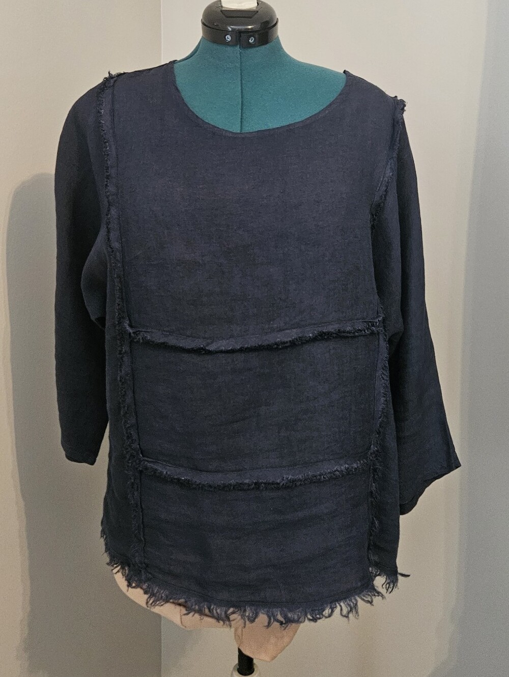 Navy Frayed Linen Panel Tunic